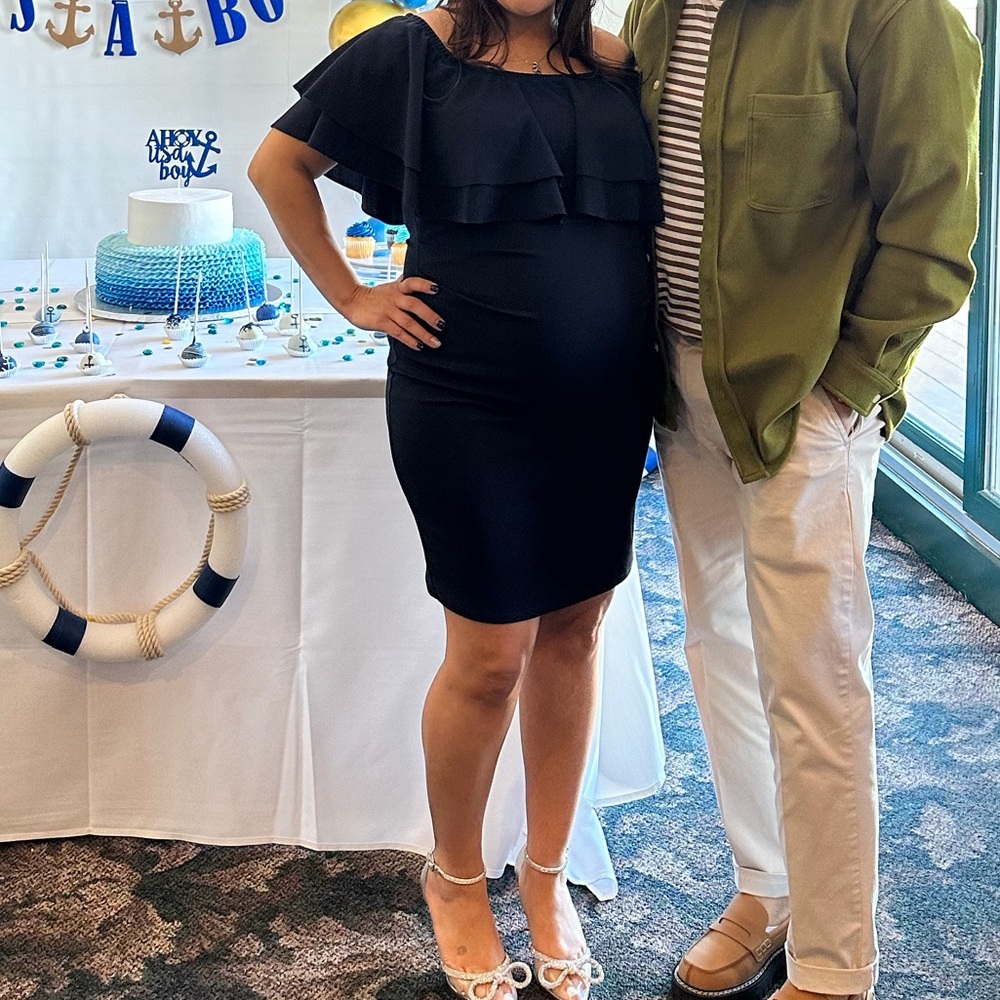 Navy Ruffle Off Shoulder Ruched Maternity Dress - Picture 7 of 7